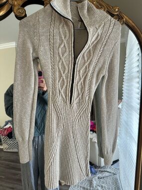 Free People: Beige Cable-Knit Zip-Front Women's Sweater Dress